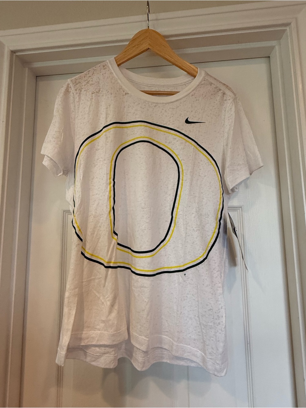 Nike White Short-Sleeve Tee with Yellow & Black 'O' Graphic
